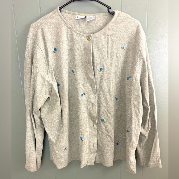 Capacity Woman Sweaters - Capacity Woman Gray Cardigan with Blue Stitched Flowers -1X